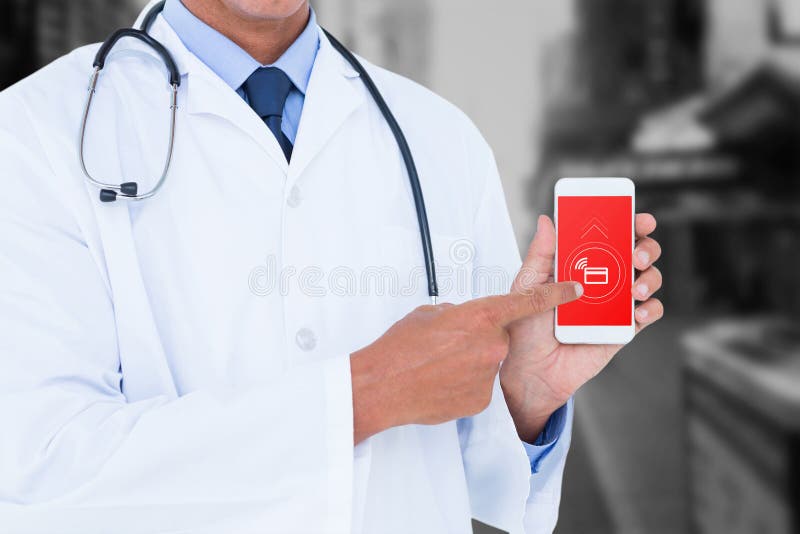 Midsection of male doctor pointing on mobile phone against blurry new york street. Midsection of male doctor pointing on mobile phone against blurry new york street