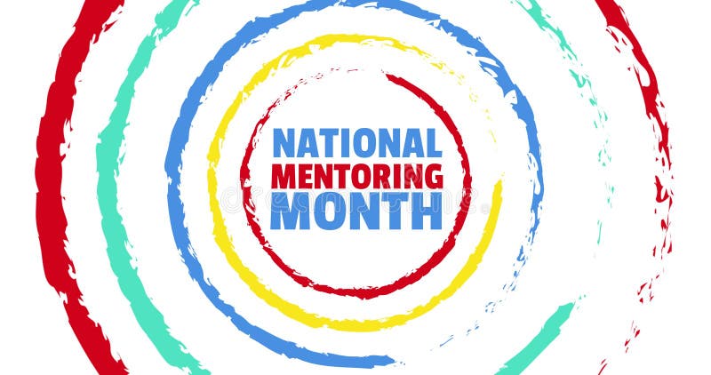 Composite image of national mentoring month text in colorful circular pattern over white background stock illustration