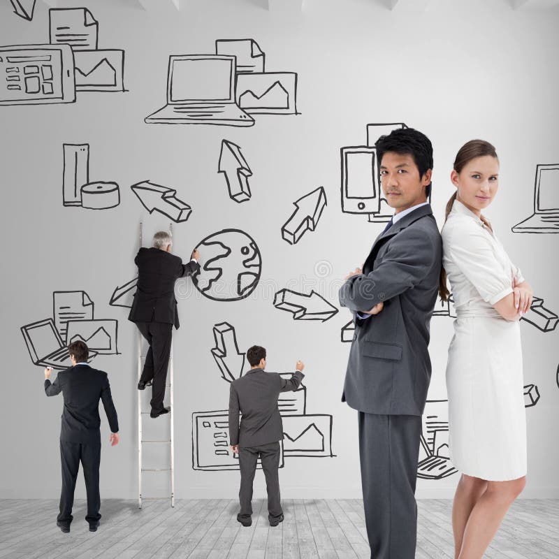 Composite image of portrait of business people standing back-to-back royalty free stock images Composite image of portrait of business people standing back-to-back royalty free stock images