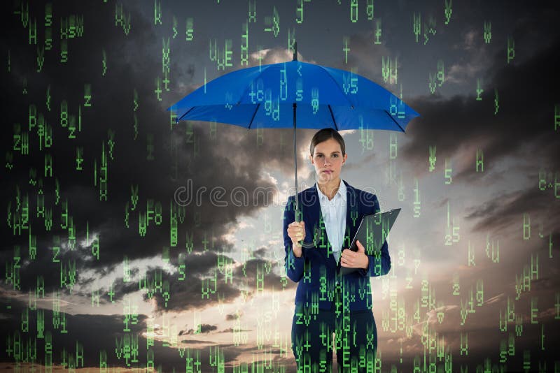 Composite image of portrait of businesswoman holding blue umbrella and clipboard royalty free stock photo Composite image of portrait of businesswoman holding blue umbrella and clipboard royalty free stock photo