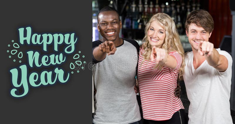 Composite image of portrait of friends pointing finger vector illustration