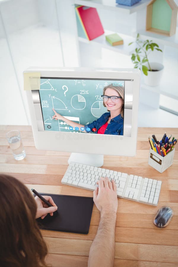 Composite image of portrait of smiling teacher pointing at blackboard royalty free stock image Composite image of portrait of smiling teacher pointing at blackboard royalty free stock image