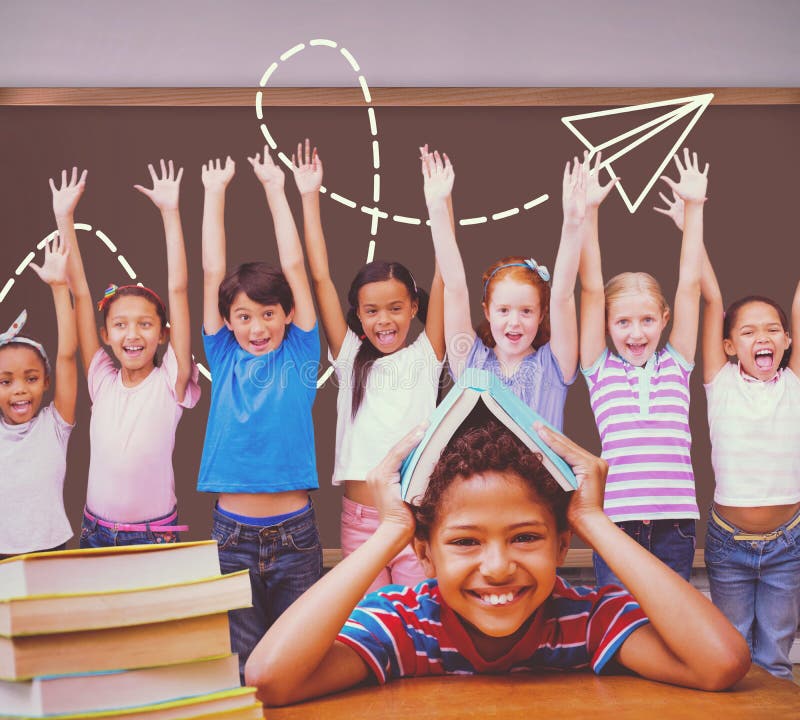 Composite image of pupil with many books royalty free stock photo