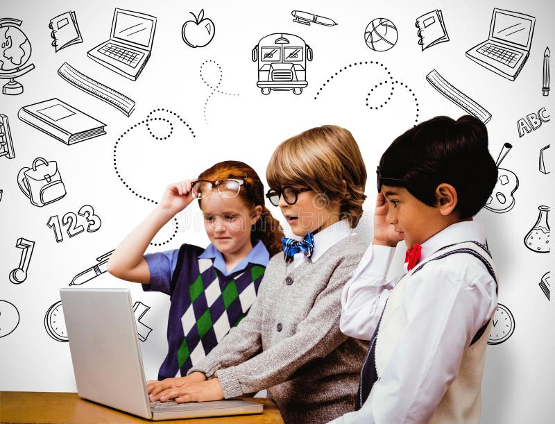 Composite image of pupils using laptop stock image
