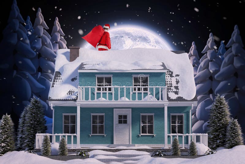 Composite image of santa claus carrying red bag full of gifts