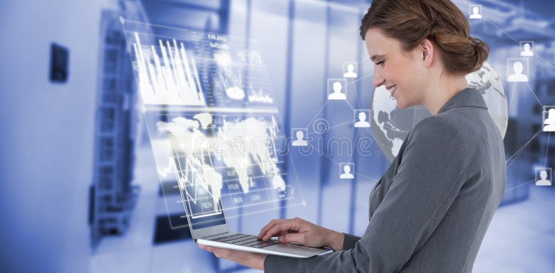 Composite image of side view of businesswoman using laptop computer 3d stock photos