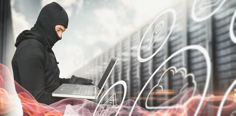 Composite image of side view of hacker using laptop stock image Composite image of side view of hacker using laptop stock image