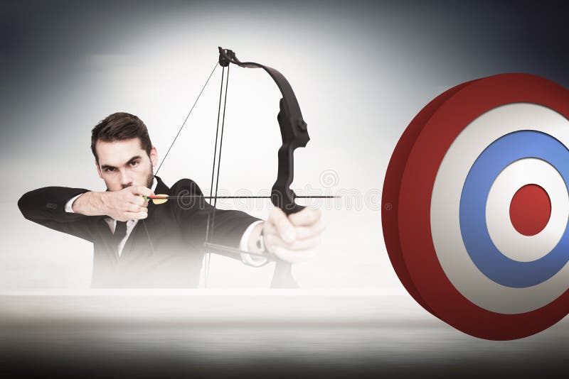 Composite image of smart businessman practicing archery looking at camera royalty free stock photos Composite image of smart businessman practicing archery looking at camera royalty free stock photos