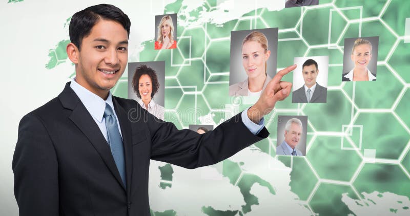 Composite image of smiling asian businessman pointing royalty free stock photography