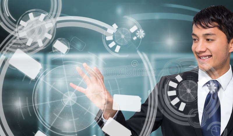 Composite image of smiling businessman touching. Smiling businessman touching against composite image of server towers