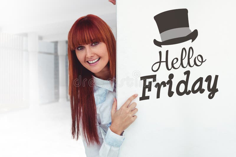 Composite image of smiling hipster woman behind a white card stock images Composite image of smiling hipster woman behind a white card stock images