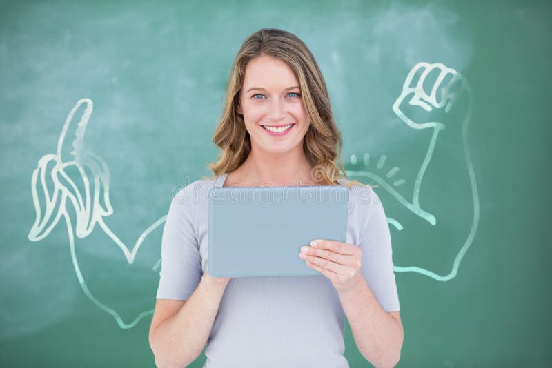 Composite image of smiling teacher using digital tablet in front of blackboard stock illustration Composite image of smiling teacher using digital tablet in front of blackboard stock illustration