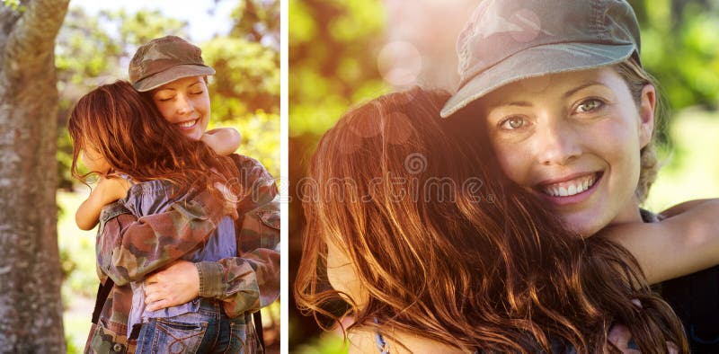 Composite image of a soldier mother hugging her daughter stock photography Composite image of a soldier mother hugging her daughter stock photography