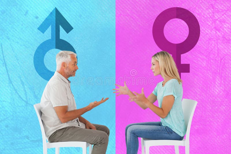 Composite image of unhappy couple sitting on chairs having an argument