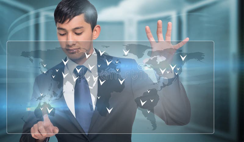 Composite image of unsmiling businessman holding and pointing royalty free stock photography