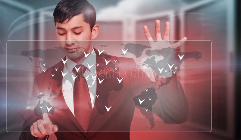 Composite image of unsmiling businessman holding and pointing royalty free stock photo