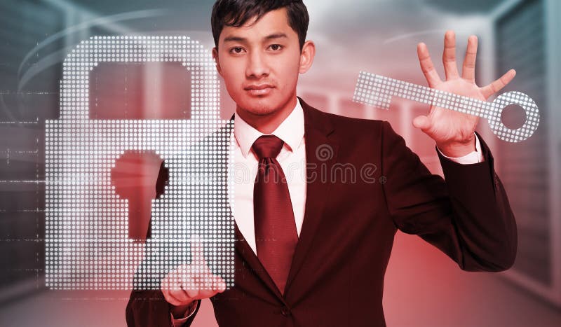 Composite image of unsmiling businessman holding and pointing stock photography