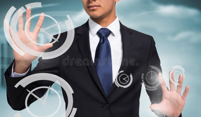Composite image of unsmiling businessman touching stock images