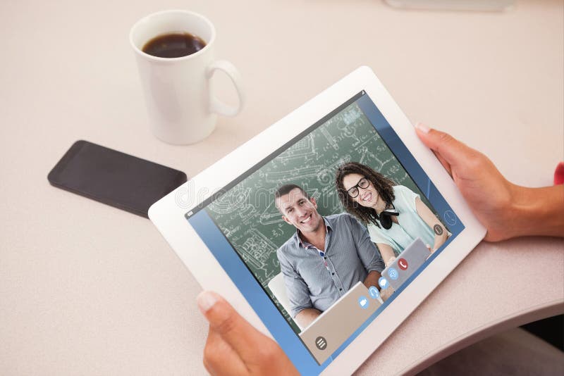 Composite image of woman using tablet pc stock photo Composite image of woman using tablet pc stock photo
