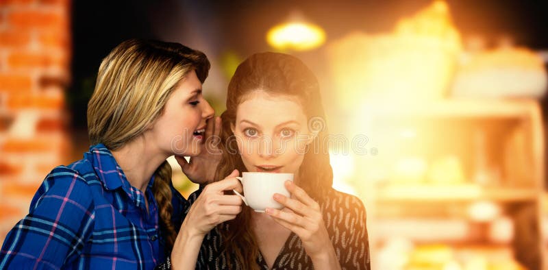 Composite image of woman whispering into other woman ear while having a cup of coffee