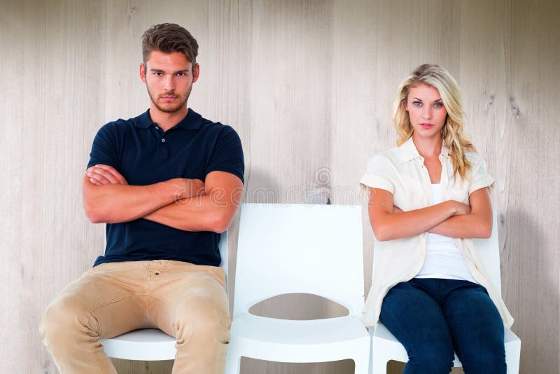 Composite image of young couple sitting in chairs not talking during argument