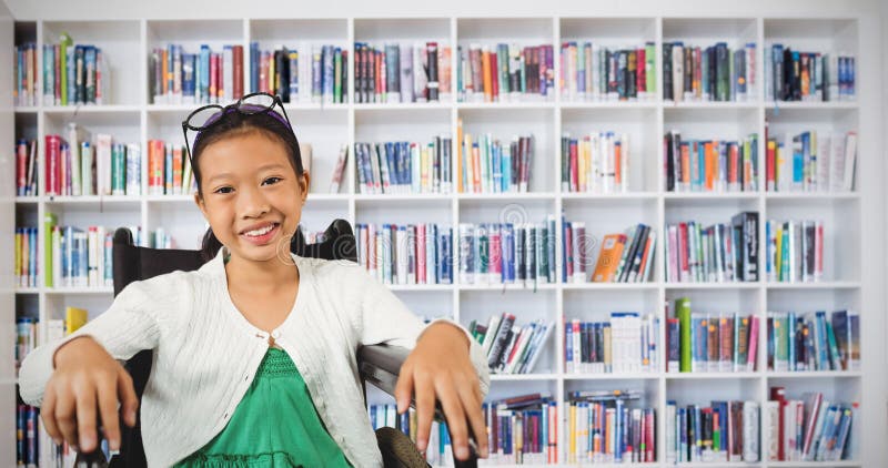 Composite image of young girl smiling while sitting on wheelchair