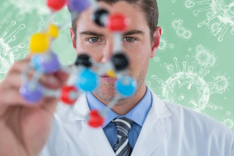 Composite image of young scientist experimenting molecule structure 3d royalty free stock photo