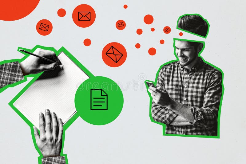 Composite photo collage of funny man hold iphone device type message notification notepad planner pencil isolated on stock photos