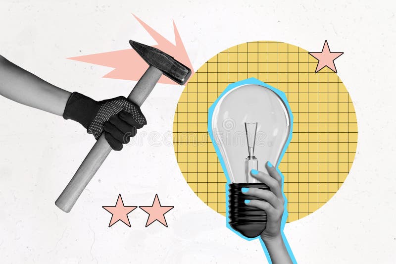Composite photo collage of hands hold hammer tool light bulb idea finding power watt blackout repair glove isolated on royalty free stock photos