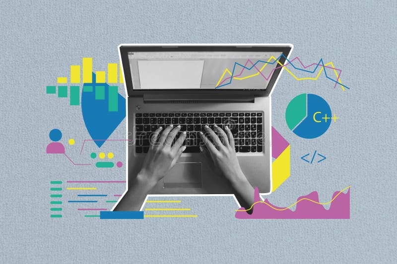 Composite photo collage of hands type macbook keyboard screen interface settings statistics chart graph isolated on stock illustration