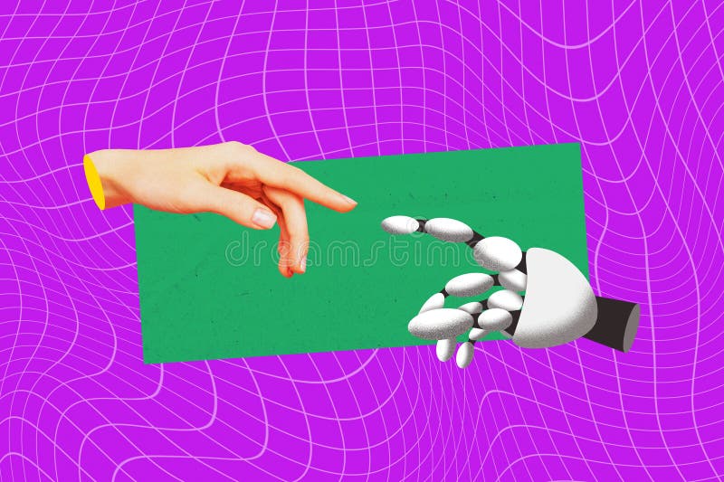 Composite photo collage of robotic human hands index finger point each other innovation technology modern on royalty free illustration.