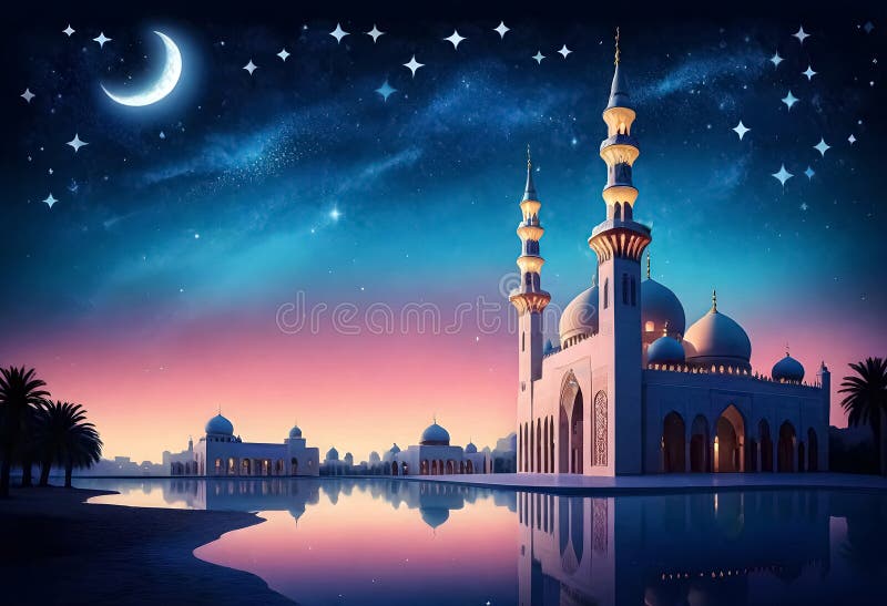 AI generated of a photo composite of a mosque with the moon and the moon reflecting in the water. AI generated of a photo composite of a mosque with the moon and the moon reflecting in the water