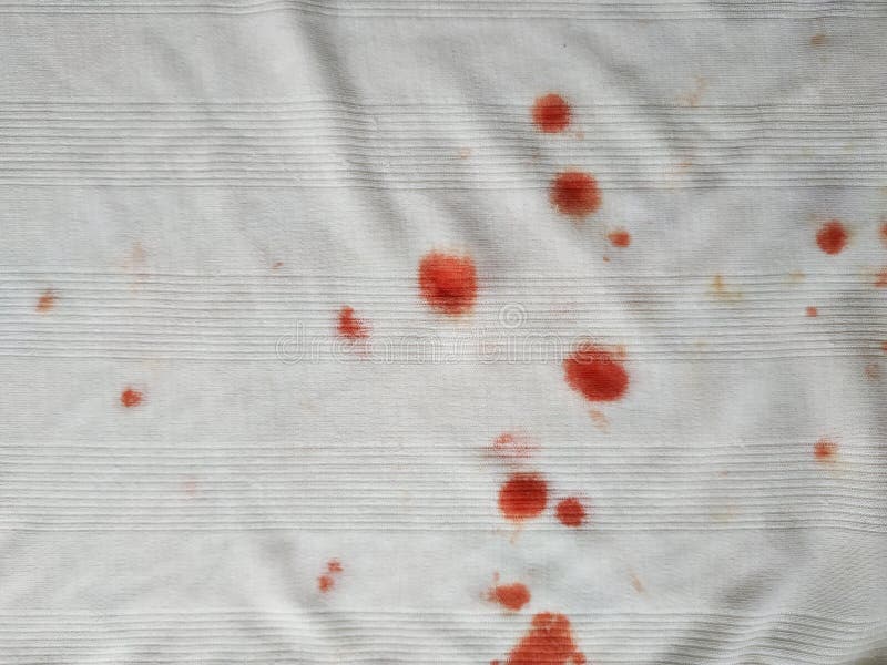 Composite Of Red Blood Stains And Spatter On White Cotton Fabric. Foto