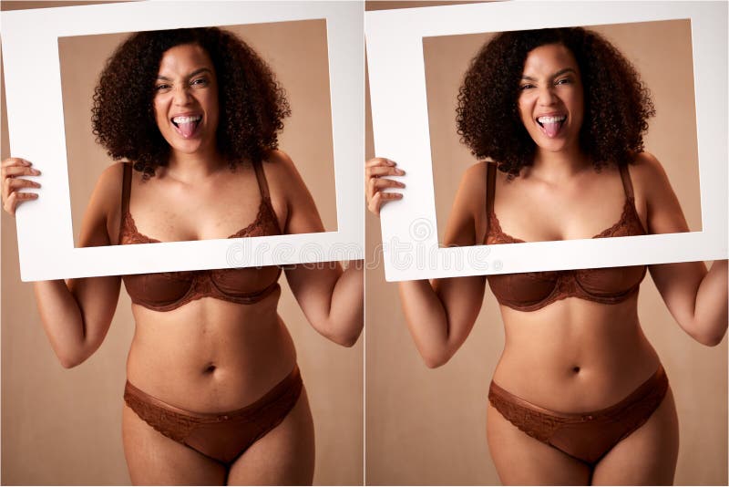 Laughing woman in bra and panties - Stock Photo - Dissolve