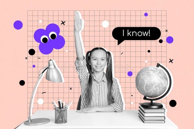 Composite sketch design 3D collage of knowledge learn lesson nerd pupil young school age girl sit table hand up talk i stock image