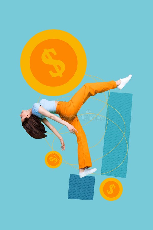 Composite trend artwork sketch image photo collage of young lady businesswoman walk step coins bitcoin money rich dollar royalty free stock photos