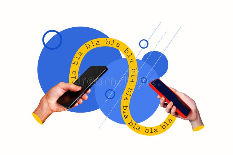 Composite trendy magazine photo collage of human hands hold phone device send message networking speech blah stock illustration
