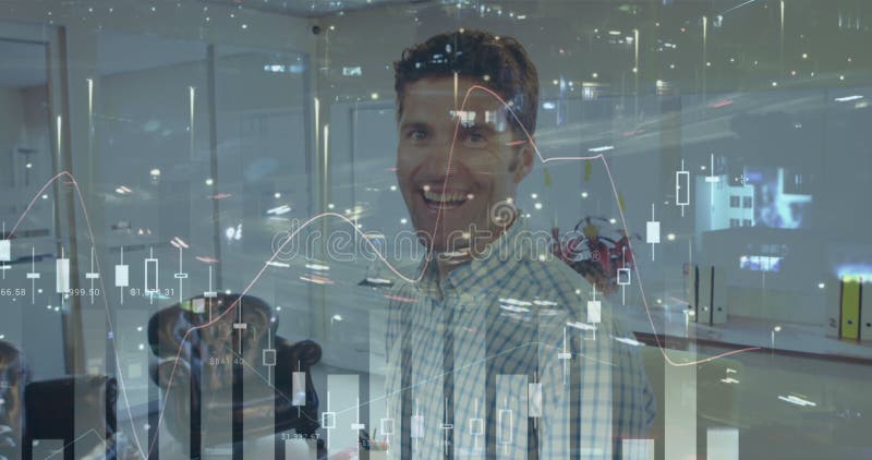 Composite video of statistical data processing against portrait of caucasian man smiling at office royalty free illustration