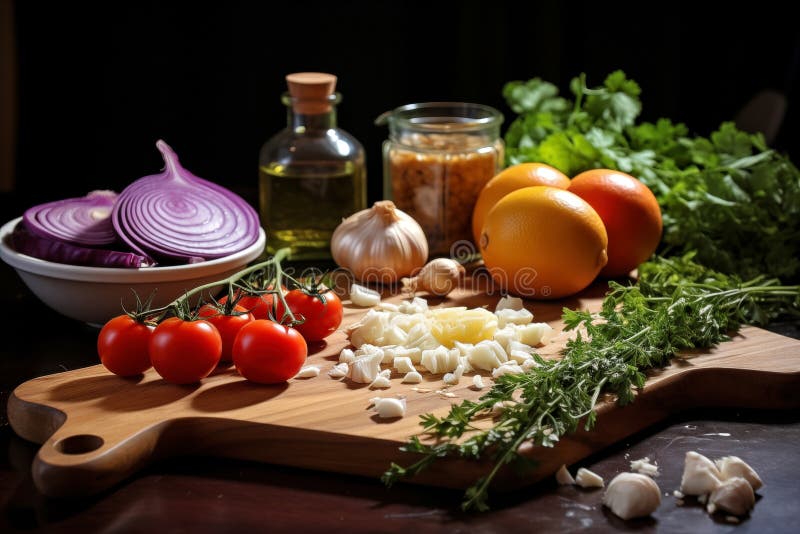 Composition with variety of ingredients for cooking on wooden board. Toned. Composition with variety of ingredients for cooking on wooden board. Toned