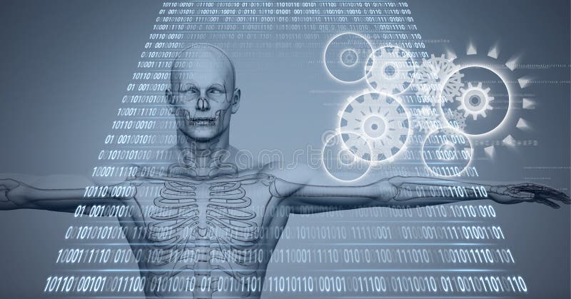 Composition of binary coding and cogs over human body stock illustration