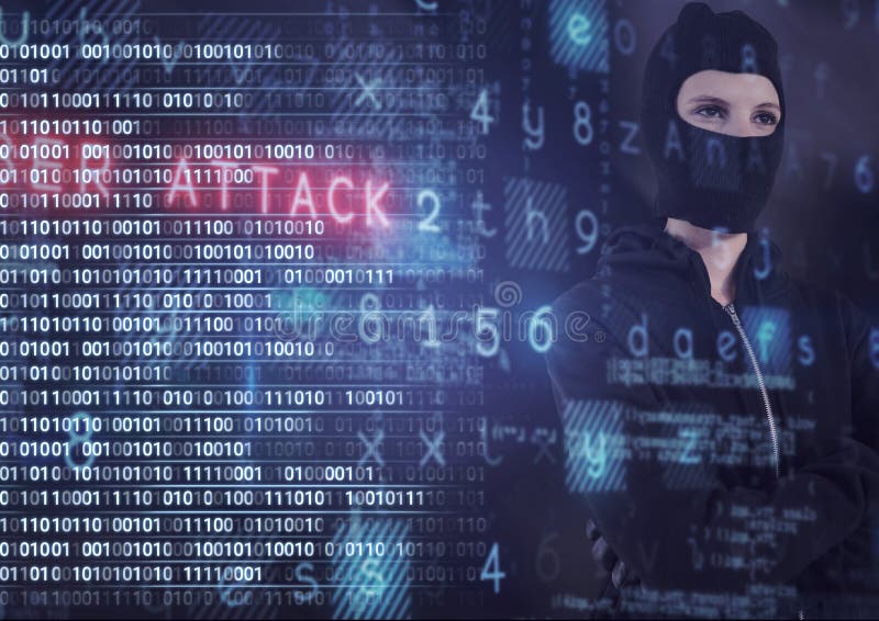 Composition of binary coding, cyber attack text with data processing over female hacker in balaclava. online cyber security concept digitally generated image. Coding text hacker concept stock images, royalty-free photos and pictures