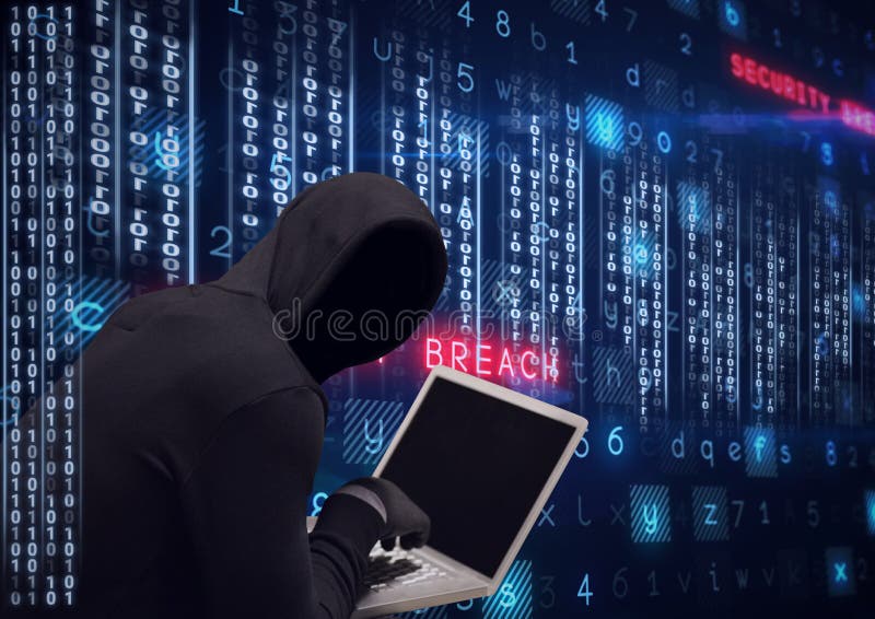 Composition of binary coding and cyber crime warning text over hacker in hood using laptop. online security cyber attack concept digitally generated image. Coding text hacker concept stock images, royalty-free photos and pictures