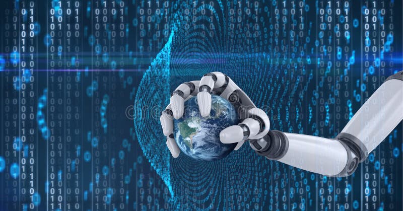 Composition of binary coding data processing over robot holding globe royalty free illustration