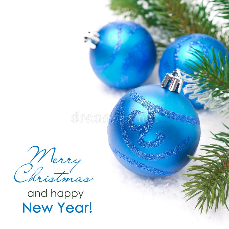 Composition with blue Christmas balls and spruce branches