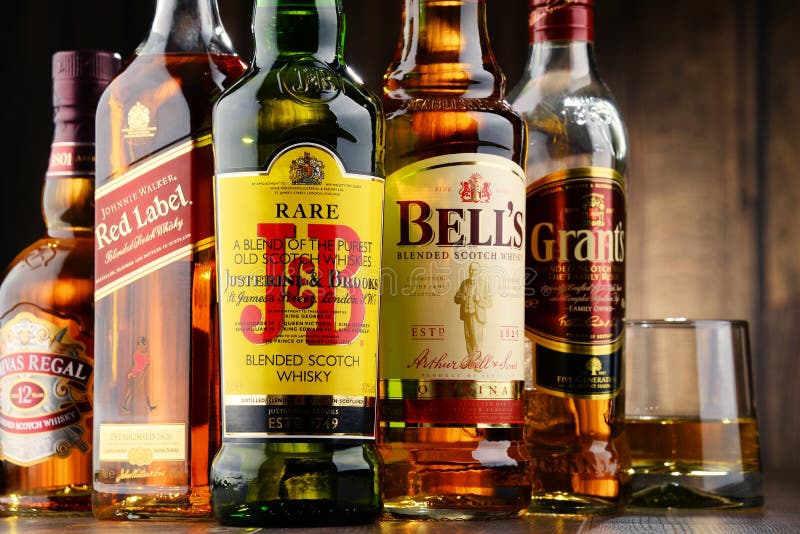 Composition With Bottles Of Popular Whiskey Brands
