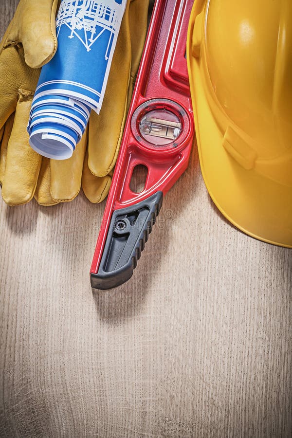 Composition of Building Tools on Wooden Board Construction Conce Stock