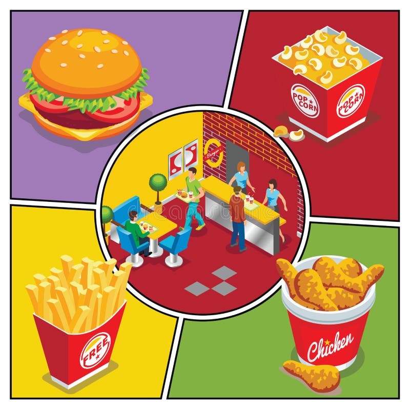 Composition color?e isom?trique en aliments de pr?paration rapide illustration libre de droits Composition color?e isom?trique en aliments de pr?paration rapide illustration libre de droits
