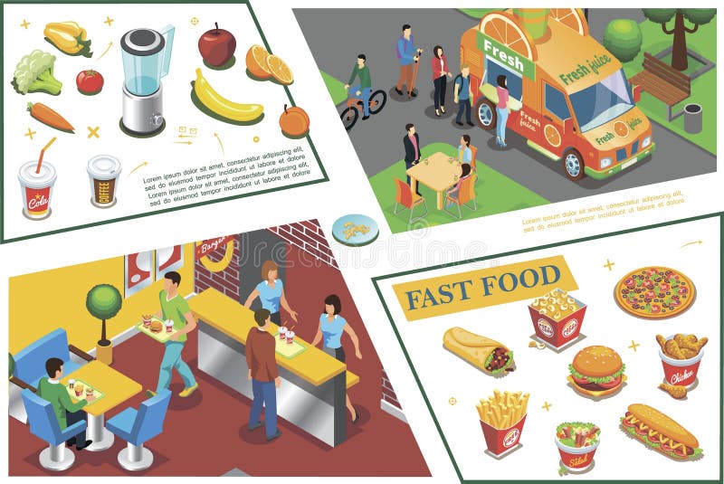 Composition colorée isométrique en aliments de préparation rapide illustration de vecteur Composition colorée isométrique en aliments de préparation rapide illustration de vecteur