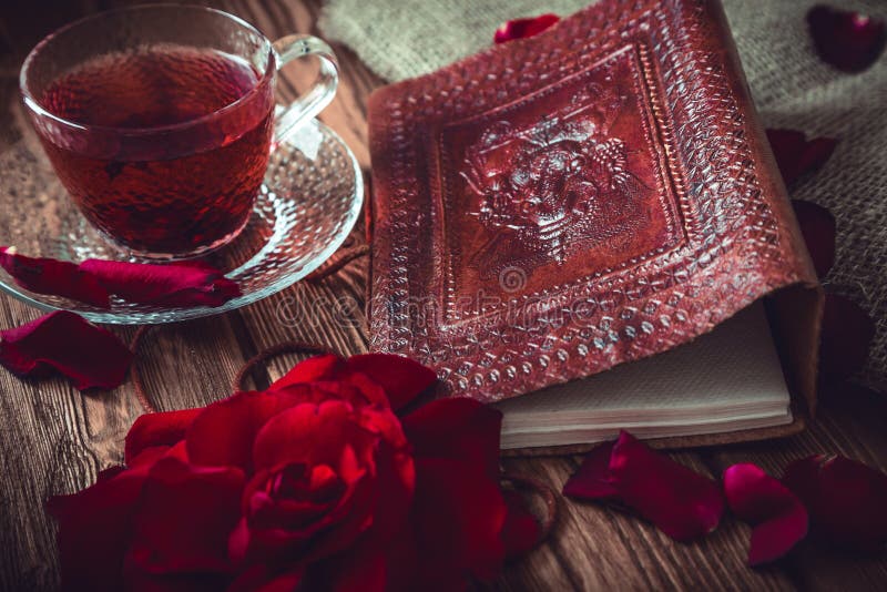 Composition Consist Roses Hibiscus Tea Cup Note Book Wooden Surface