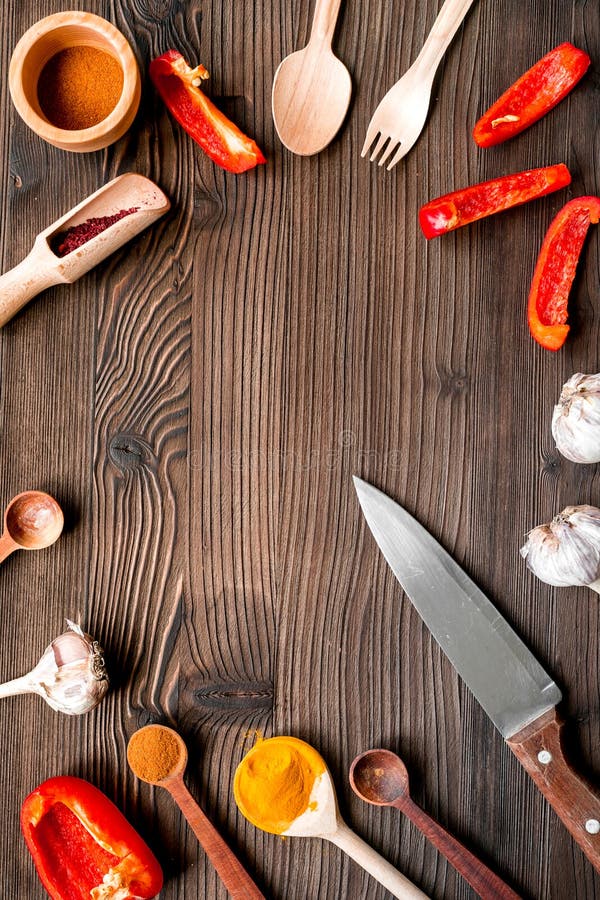 Composition of Cooking Tools and Spices on Kitchen Table Top View Stock ...